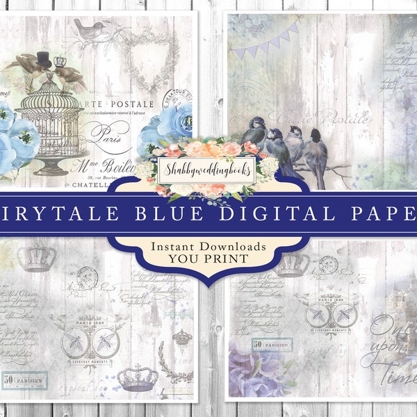 Fairytale digital papers for Journaling or scrapbooking or junk journals, vintage style birds and french themes