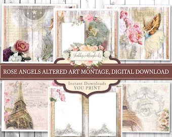 Printable scrapbook papers, digital file download, 6 sheets of angel art digital papers, junk Journal art, craft paper, roses altered art