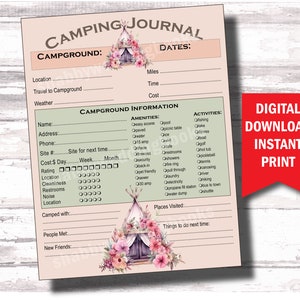 Camping Journal Page, Digital Download, Record of Campgrounds, Camper Log, imprimez autant de fois que vous le souhaitez