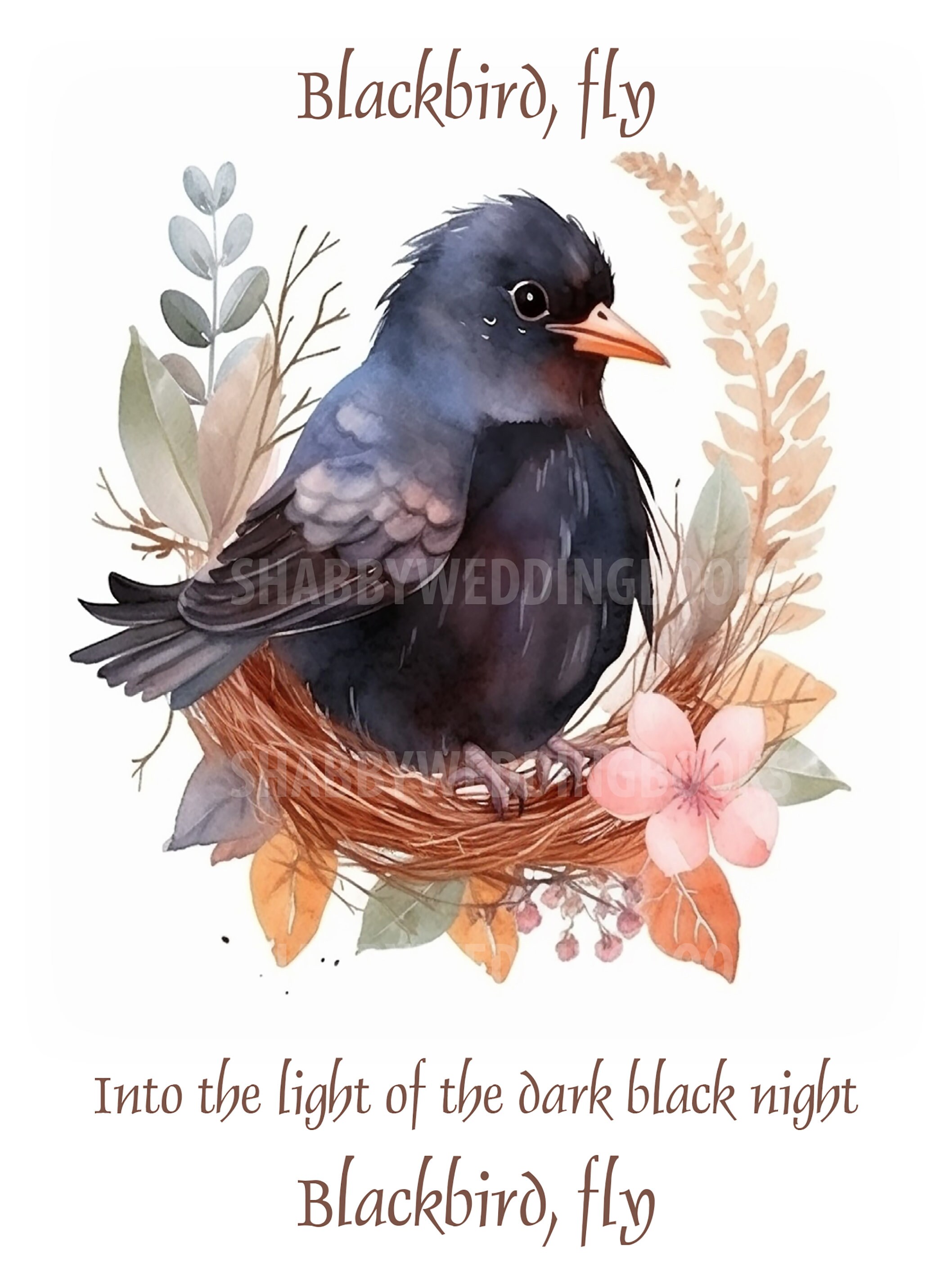 Printable Watercolor Blackbird Card, Digital Download, Fly Blackbird ...