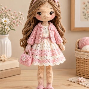 May include: A handmade crochet doll with long wavy brown hair, wearing a pink headband with a flower, a white dress with pink accents, a matching pink cardigan, and pink shoes with small white flowers. The doll carries a small pink crochet handbag.