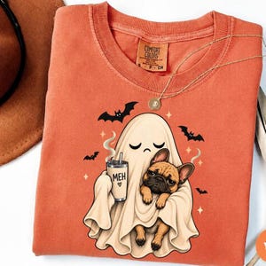 Spooky French Bulldog Holding Coffee PNG: Grumpy Ghost Dog Halloween Coffee Lover png Haunted Pet Art (Digital Download)