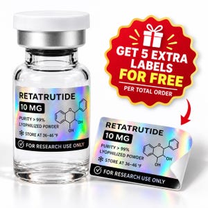 May include: A clear glass vial with a white cap and a holographic label reading RETATRUTIDE 10 MG, PURITY > 99%, LYOPHILIZED POWDER, STORE AT 36-46 F, FOR RESEARCH USE ONLY. A matching label and a red starburst graphic with white text are included.