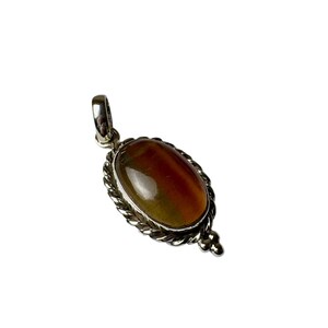 May include: An oval pendant featuring a smooth, multi-colored gemstone with bands of brown, amber, and green tones. The stone is set in a polished silver-toned metal frame with a twisted rope-like border and a small decorative bead at the base.