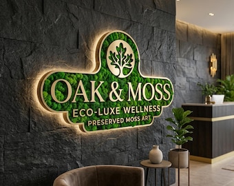 Custom Preserved Moss Logo Sign, 3D Wood Metal Botanical Wall Art (LED Backlighting)