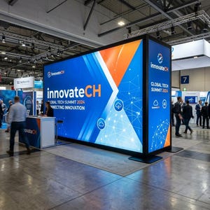 May include: A large, rectangular, illuminated trade show display booth for the InnovateCH Global Tech Summit 2024. The display features a vibrant blue and orange graphic design with white text, cloud icons, and network lines on a black frame.
