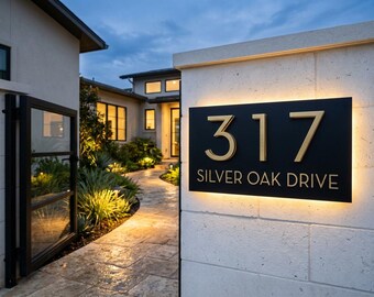 Custom Backlit LED House Numbers, Modern Metal Address Sign (Luxury Villa)