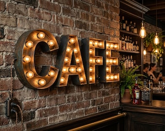Custom Rego 3D Wire Marquee Sign with Exposed Edison Bulbs for Cafe Bar
