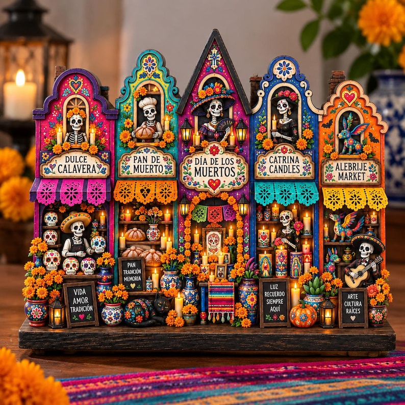 Pueblo de bloques de madera del Día de Muertos, decoración del Día de