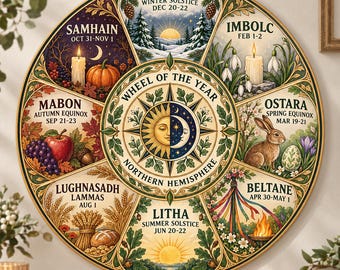 Wheel of the Year Wooden Sign, Northern Hemisphere Pagan Calendar, Wiccan Sabbat Wall Decor, Solstice Equinox Witchy Home Decor