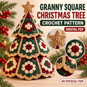 May include: A crochet Christmas tree made of granny squares in dark green, deep red, and cream yarn, topped with a star. The text reads: GRANNY SQUARE CHRISTMAS TREE CROCHET PATTERN, DIGITAL PDF, NO PHYSICAL ITEM.