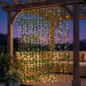 Peut inclure: Un rideau de vignes de lierre artificielles vertes entrelacées de guirlandes lumineuses blanc chaud suspendu à une pergola en bois. L'ensemble décoratif présente plusieurs brins verticaux de feuillage et de petites ampoules lumineuses.