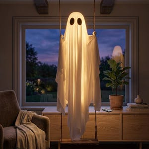 Può includere: Una lampada bianca luminosa a forma di fantasma con due occhi ovali scuri, drappeggiata in tessuto e sospesa a un'altalena di legno tramite due corde. La lampada emette una luce calda, creando un'illuminazione soffusa che mette in risalto le pieghe.