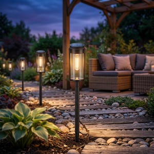 May include: A series of black solar-powered path lights with cylindrical glass shades and warm-toned filament bulbs. Each light features a solar panel on top and a thin stake base, arranged along a stone and wooden garden walkway at twilight.