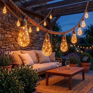Può includere: Una serie di lampadine in stile Edison sospese a una spessa corda in fibra naturale. Ogni lampadina in vetro trasparente contiene un filamento di filo di rame che emette una luce calda. Le luci sono disposte in una linea curva.