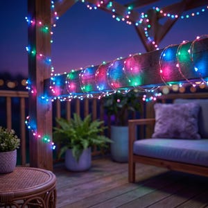 Op de afbeelding: Een lichtsnoer van dun draad met kleine, gloeiende led-lampjes in afwisselende tinten roze, blauw en groen. De lampjes zijn om een houten balk van een pergola gewikkeld, wat zorgt voor een levendig, meerkleurig verlichtingseffect.
