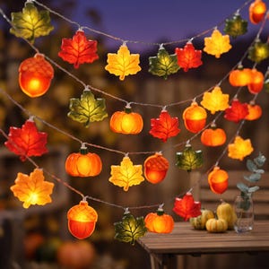 Pumpkin String Lights - Fall Maple Leaf Garland - Halloween & Thanksgiving Decor - Battery LED 5ft/10ft