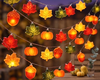 Pumpkin String Lights - Fall Maple Leaf Garland - Halloween & Thanksgiving Decor - Battery LED 5ft/10ft