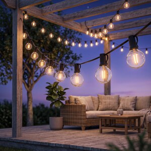Pode incluir: Um cordão de luzes de exterior com lâmpadas de globo transparentes e filamentos visíveis, suspenso numa estrutura de pérgula de madeira. As luzes emitem um brilho quente ao anoitecer sobre uma área de pátio com móveis.