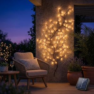 May include: A wall-mounted decorative branch light fixture featuring dark brown stems adorned with numerous small, warm white LED lights. The structure is powered by a small, rectangular black solar panel positioned on the ground nearby.