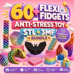 Może przedstawiać: Cyfrowa grafika przedstawiająca zestaw ponad 60 plików STL i 3MF z zabawkami antystresowymi Flexi Fidgets. Obraz zawiera różne obiekty w stylu druku 3D, w tym tęczową spiralę, geometryczny wielokąt, czarnego nietoperza oraz złotego smoka.