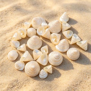 Peut inclure: Une collection de petits coquillages coniques blanc cassé avec des crêtes en spirale et des intérieurs lisses et nacrés. Les coquillages varient en taille et sont dispersés sur une surface de sable beige clair, montrant des motifs circulaires.
