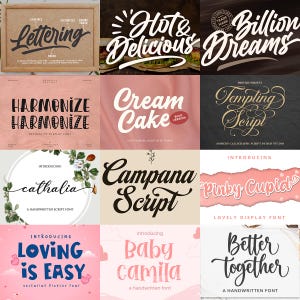 Könnte beinhalten: Ein Raster aus zwölf verschiedenen Schriftarten-Mustern mit diversen typografischen Designs, darunter Schreibschriften, Display- und Handschriften mit Texten wie Lettering, Hot & Delicious, Billion Dreams, Harmonize, Cream Cake, Tempting Script, Cathalia, Campana Script, Pinky Cupid, Loving Is Easy, Baby Camila und Better Together.