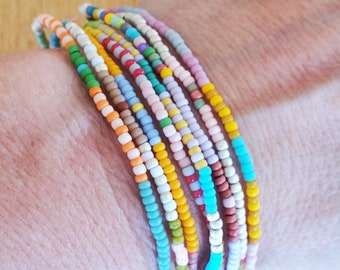 Single Strand Pastel with mixed Neutrals Pattern Stretch Bracelets Sold in sets of 8  Opaque Toho and Czech Seed Beads 6 1/2" or 7"