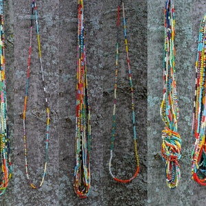 Single strand Tiny Seed Bead 32&quot; Long Single Strand Necklace Multicolored Multi Patterned Japanese Toho Seed beads Size 11 Beaded Necklace
