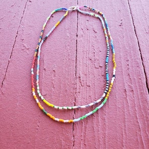 Doubled up beaded necklace choker multicolored multi pattern Japanese Toho and Czech seed beads mostly matte Delicate simple double strand image 2