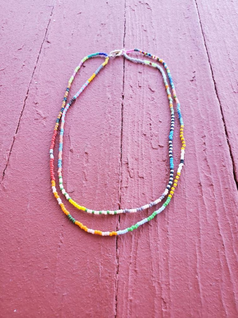 Doubled up beaded necklace choker multicolored multi pattern Japanese Toho and Czech seed beads mostly matte Delicate simple double strand image 2