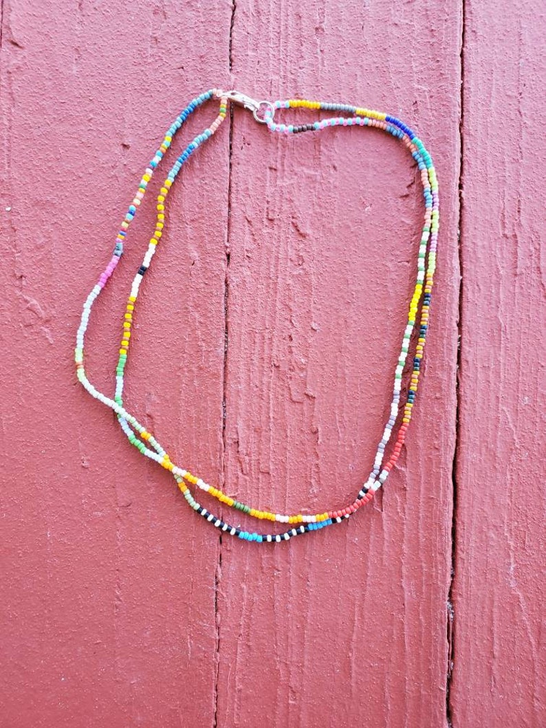 Doubled up beaded necklace choker multicolored multi pattern Japanese Toho and Czech seed beads mostly matte Delicate simple double strand image 8