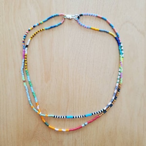 Doubled up beaded short necklace multicolored multi pattern Japanese Toho and Czech mostly matte seed  beads  Delicate simple double strand