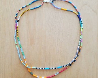 Doubled up beaded necklace choker multicolored multi pattern Japanese Toho and Czech seed beads mostly matte Delicate simple double strand