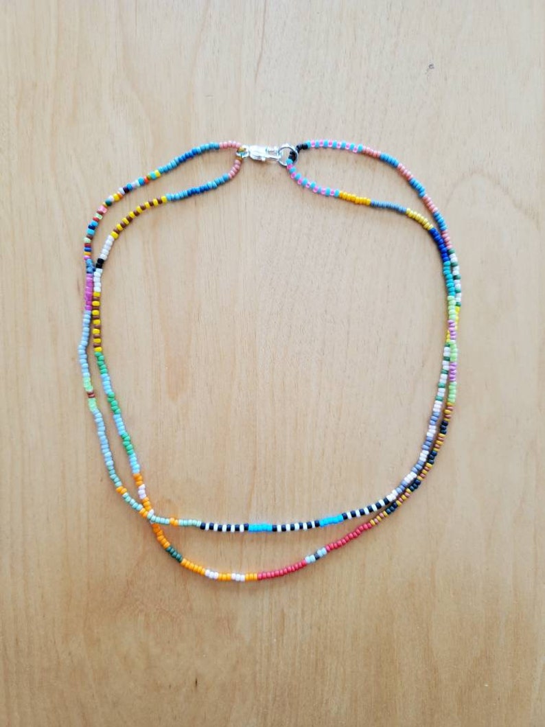 Doubled up beaded necklace choker multicolored multi pattern Japanese Toho and Czech seed beads mostly matte Delicate simple double strand image 1