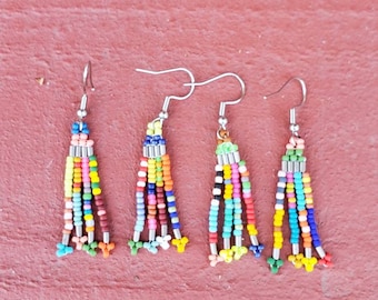 New Item! Beaded earrings bugle bead and mix of Toho Japanese and Czech 11/0 beads color burst fruity bright cheerful simple dangle earrings