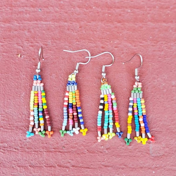 New Item! Beaded earrings bugle bead and mix of Toho Japanese and Czech 11/0 beads color burst fruity bright cheerful simple dangle earrings