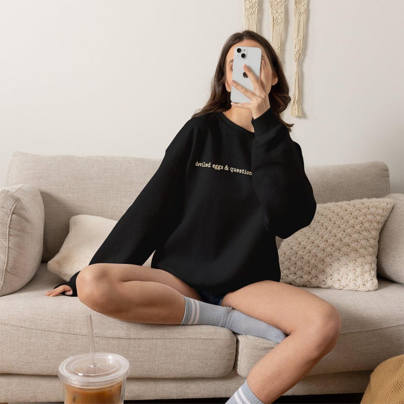 Deviled Eggs & Questionable Decisions Sweatshirt, Funny Thanksgiving Crewneck, Friendsgiving Sweatshirt, Foodie Humor Gift, Potluck Sweater image 5