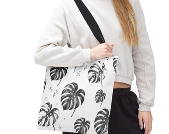 Monstera Leaf Pattern Tote Bag | Black White Botanical Print