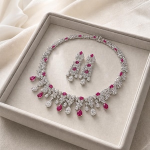 Könnte beinhalten: Ein Schmuckset bestehend aus einer Halskette und passenden Ohrhängern. Die Halskette verfügt über ein kreisförmiges Band aus klaren Kristallen, das mit leuchtend pinkfarbenen tropfenförmigen und ovalen Steinen verziert ist. Die Ohrringe spiegeln dies wider.