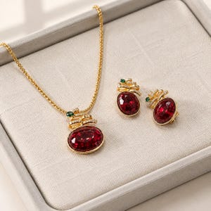 Vintage Ruby Oval Necklace Earring Set, Formal Jewelry