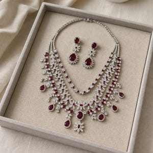 Luxury Ruby Red Multi Layer Jewelry Set, Necklace Earrings Bracelet, Grand Wedding Bridal Set, Gift for Her