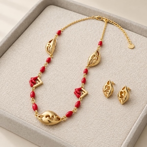 Abstract Gold Red Bead Jewelry Set, Statement Necklace and Earrings, Unique Sculptural Jewelry Gift for Her