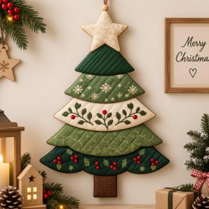 May include: A quilted fabric wall hanging shaped like a Christmas tree, featuring layered sections in shades of green and cream. The design includes embroidered snowflakes, leafy vine patterns, and small red berries, topped with a cream-colored star.