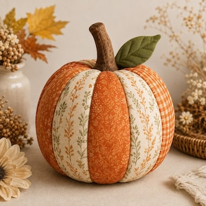 Pode incluir: Uma decoração de abóbora em tecido com painéis verticais alternados de estampado floral laranja, estampado botânico creme e tecido xadrez laranja. A abóbora é rematada com um caule castanho texturado e uma folha de tecido verde.