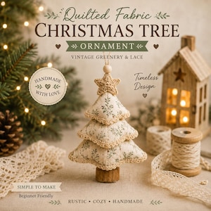 May include: A quilted fabric Christmas tree ornament featuring a cream-coloured textile with a green botanical print, a crocheted star topper, and a wooden base. The ornament is adorned with scalloped crochet trim along the edges of its three tiers.