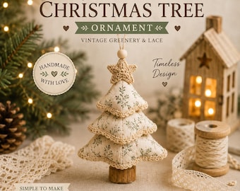 Puede incluir: Un adorno de árbol de Navidad de tela acolchada con un estampado botánico verde sobre fondo crema, una estrella de ganchillo en la punta y una base de madera. El adorno presenta un borde de ganchillo festoneado en sus tres niveles.
