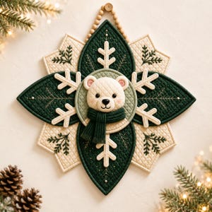 Peut inclure: Une décoration murale matelassée présentant un visage d'ours crème au centre portant une écharpe vert foncé. L'ours est entouré d'un motif en forme d'étoile avec des pétales matelassés alternant vert foncé et crème, ornés de broderies flocons.