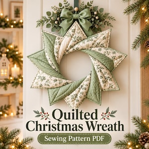 May include: A star-shaped quilted wreath featuring alternating panels of solid sage green fabric and cream fabric with a green leaf print. A sage green satin bow and greenery are attached at the top. Text reads: Quilted Christmas Wreath Sewing Pattern PDF.