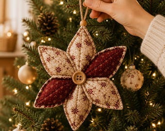Puede incluir: Un adorno de tela en forma de estrella de seis puntas con pétalos acolchados que alternan entre un estampado floral rojo sobre fondo crema y tela color burdeos oscuro. Un botón de madera clara está centrado y tiene un lazo de yute.